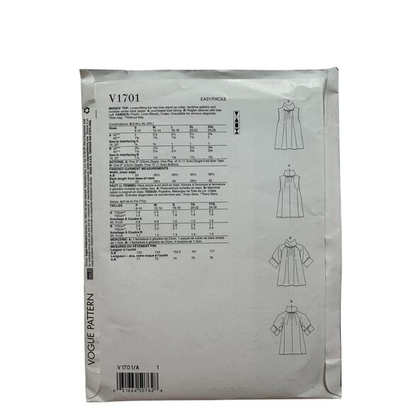 VOGUE Loose Fitting High Neck Blouse Pattern V1701 Uncut A S-M-L-XL-XXL Modest - Picture 2 of 3